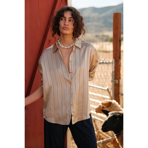 302. DONNI The Silk Pinstripe Shirt  Sand-Pinstripe $434 EUC Medium - Picture 2 of 6